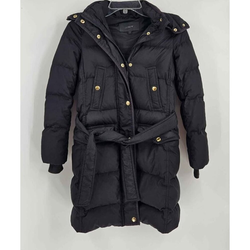 J. Crew Black Wintress Down Filled Belted Puffer Coat Removable Hood Sz XXS